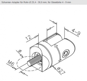 Scharnieradapter für Rohre für Glasstärken von 4 mm bis 9 mm.
